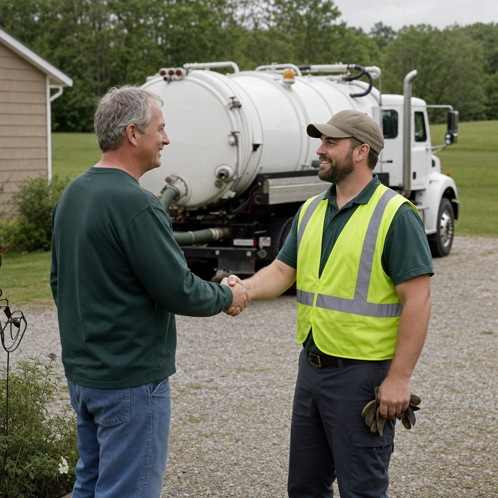 A septic technician shaking a Draper homeowner's hand beside the service truck after a completed pump-out