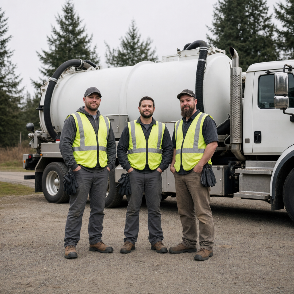 The Draper septic pumping crew standing together beside their clean white vacuum truck on a residential street
