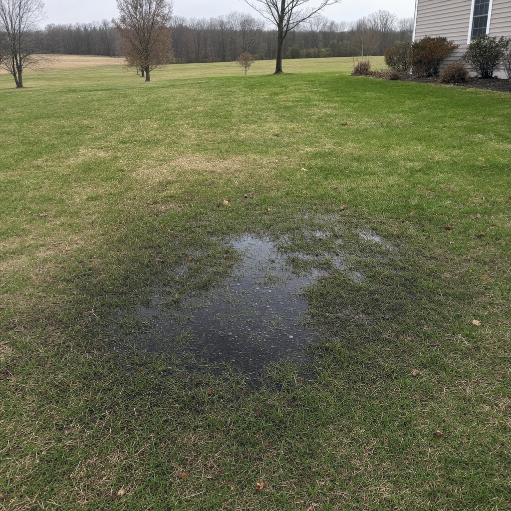 A dark, saturated wet spot in a Draper backyard lawn marking a failing cesspool at capacity