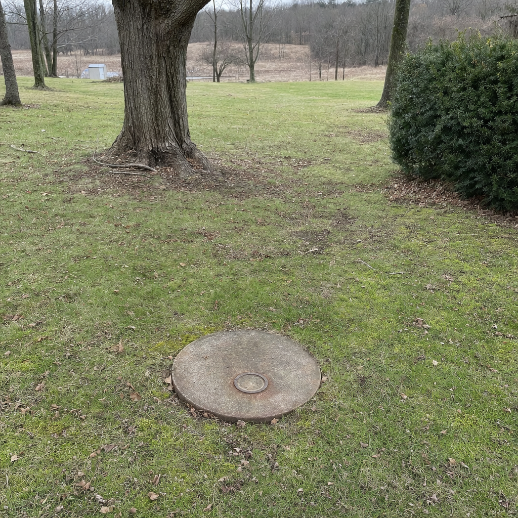 An older round cesspool access lid set flush in an established, mature Draper backyard lawn