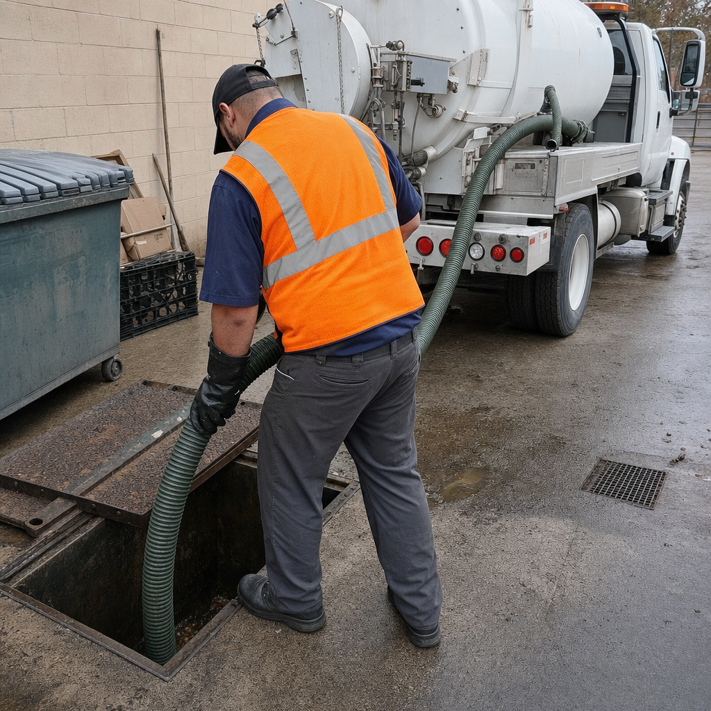 Technician pumping a grease trap behind a Draper restaurant