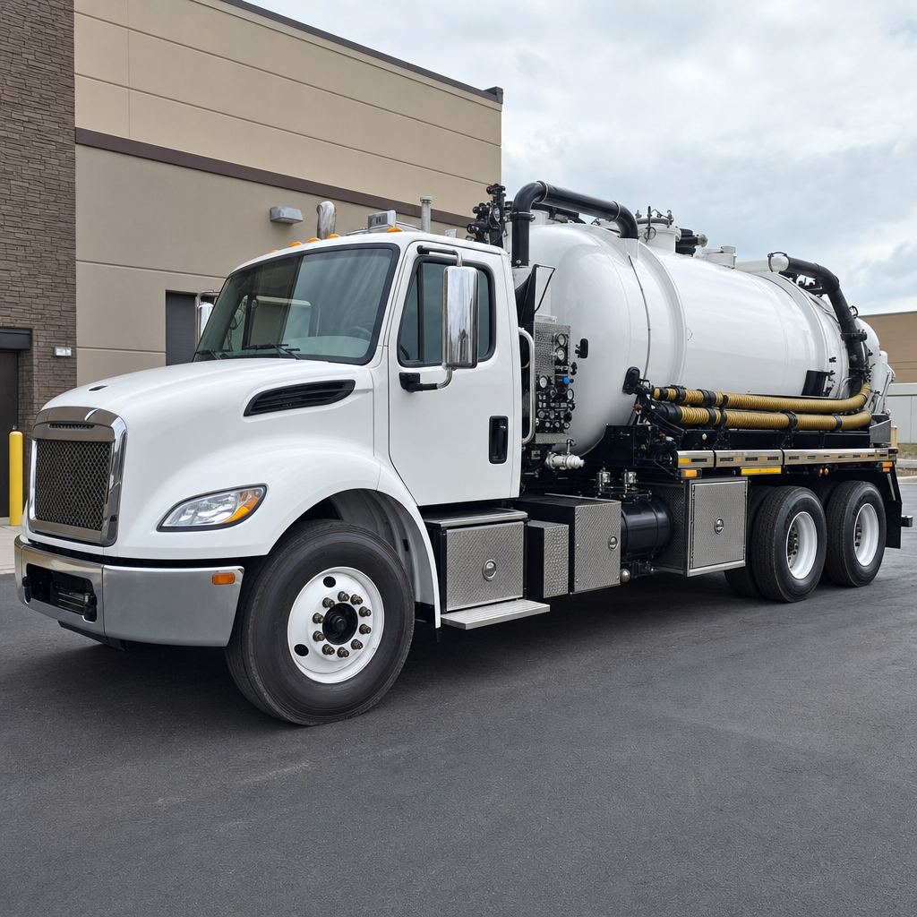 Commercial septic vacuum truck parked in a Draper business parking lot