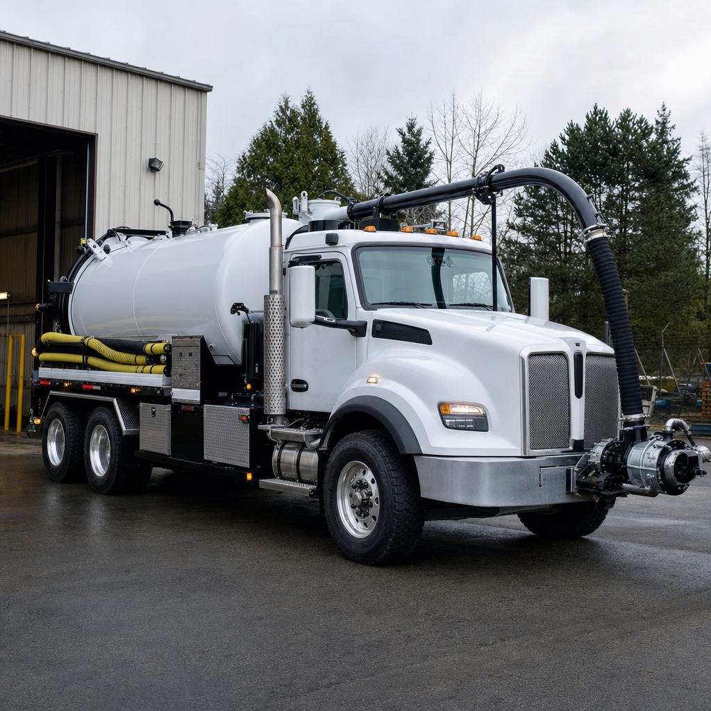 A clean white septic vacuum truck rolling out of a tidy Draper service depot at the start of the day