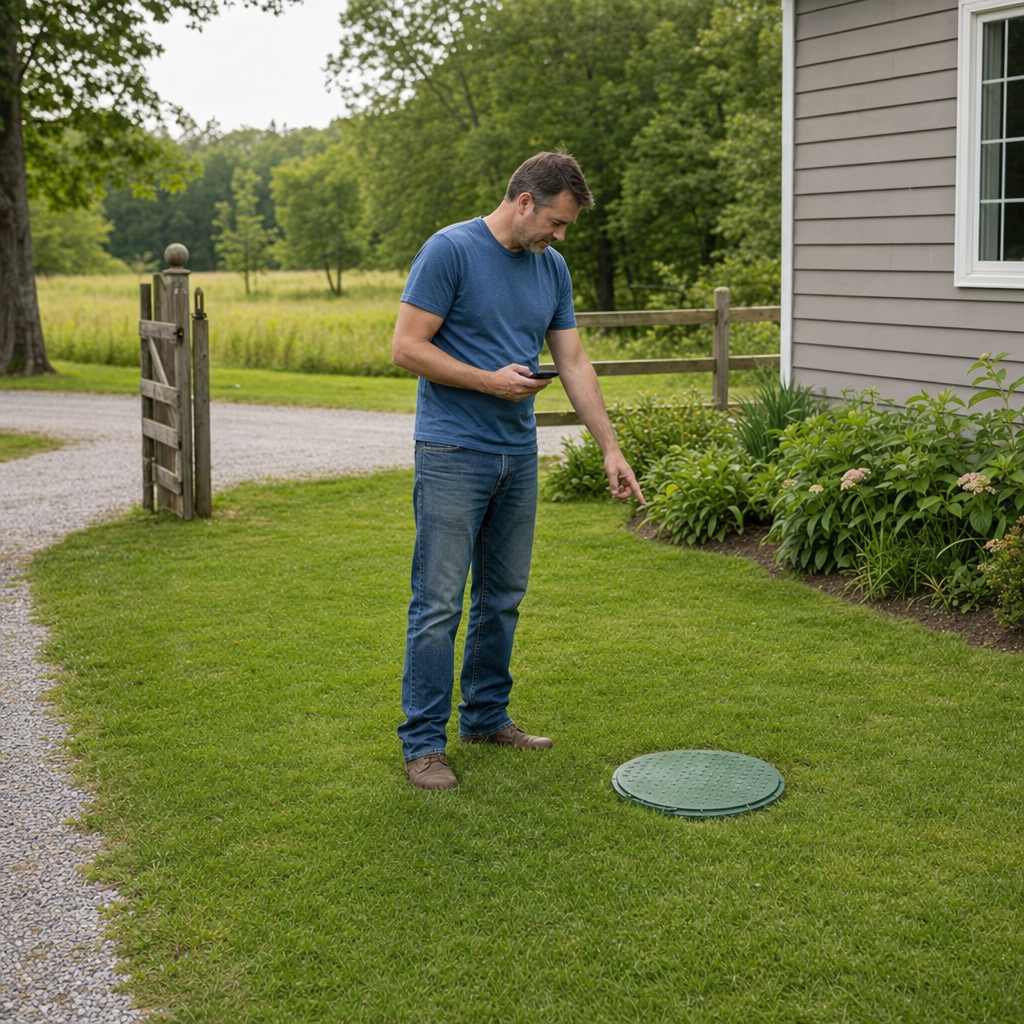 A Draper-area homeowner standing in the backyard noting where the septic tank lid and access route are located