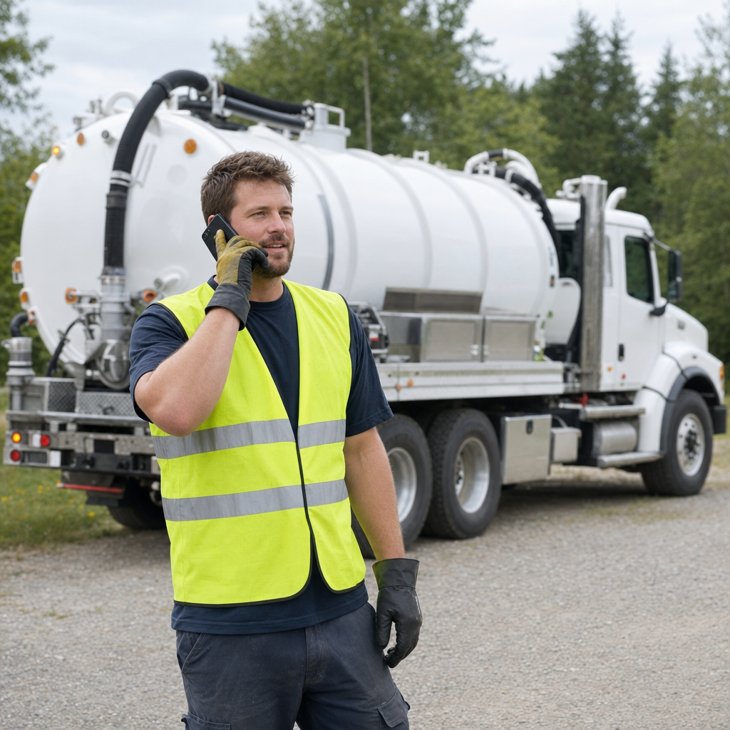 A friendly septic dispatcher holding a phone, ready to answer a Draper homeowner's call about a pump-out
