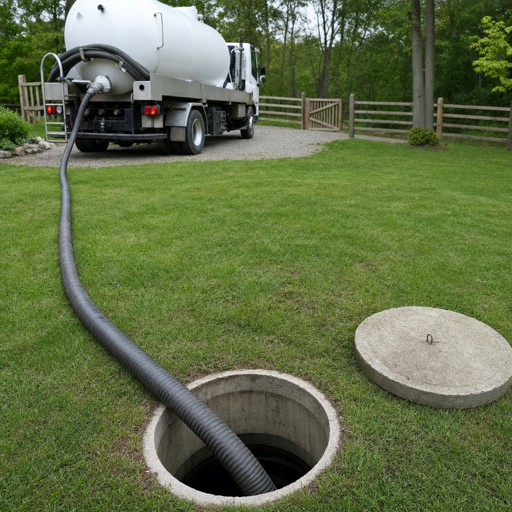 Suction hose connected to an open septic tank, drawing it down in a tidy Draper yard