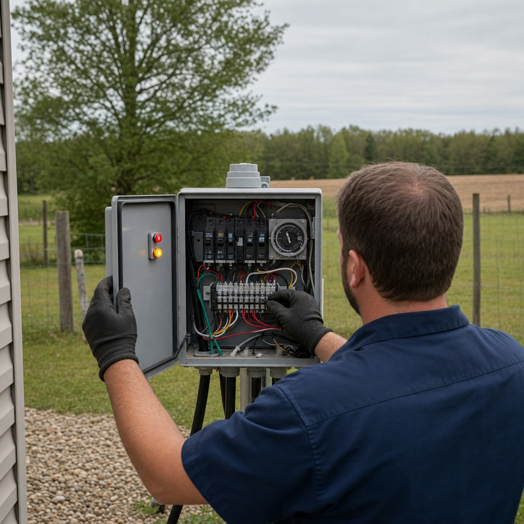 Technician checking an aerobic septic control box with a lit red high-water alarm during a same-day Draper visit
