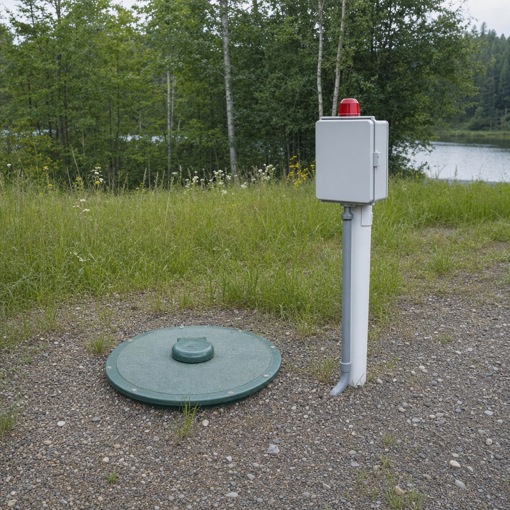 A wastewater holding tank access lid set in the ground at a rural Draper-area cabin, with a mounted high-level float alarm panel nearby