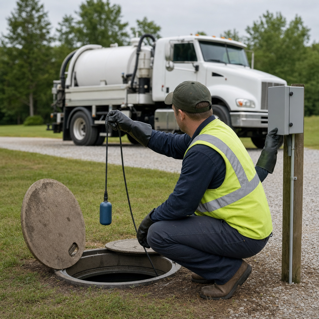 A septic technician in a high-visibility vest checking a high-level float switch and alarm panel on a holding tank at a rural Draper-area site