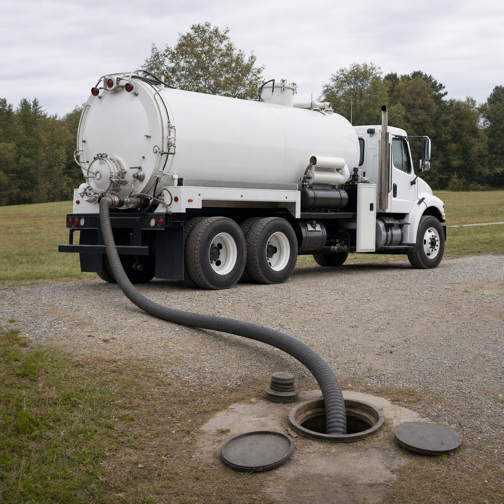 An unmarked white vacuum truck emptying a wastewater holding tank on a scheduled visit at a rural Draper-area property, thick suction hose running to the tank lid