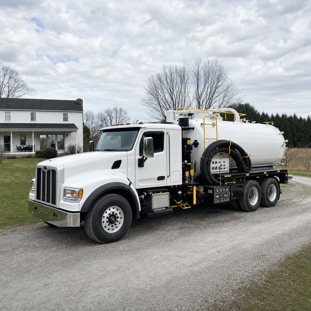 A clean white septic vacuum truck parked on a tidy Draper driveway with the suction hose neatly coiled