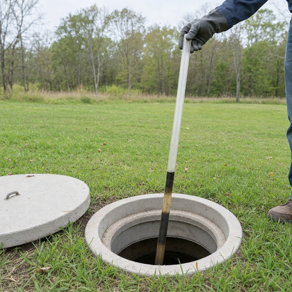 A septic sludge-judge measuring stick lowered into an open Draper septic tank to read the depth of the sludge and scum layers before deciding whether a pump-out is due