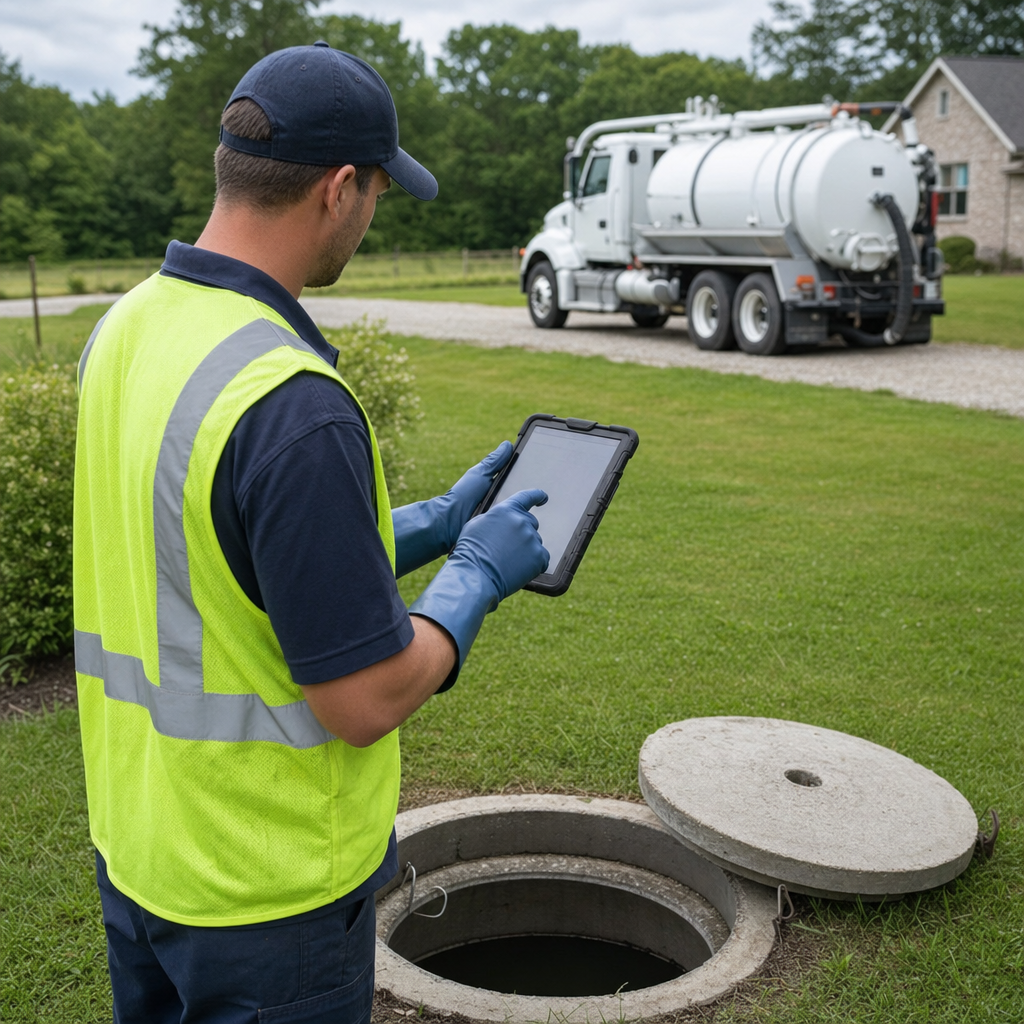 A septic technician recording a Draper home's pump-out date and tank condition on a tablet beside an open access lid, tracking the service history that sets the next due date