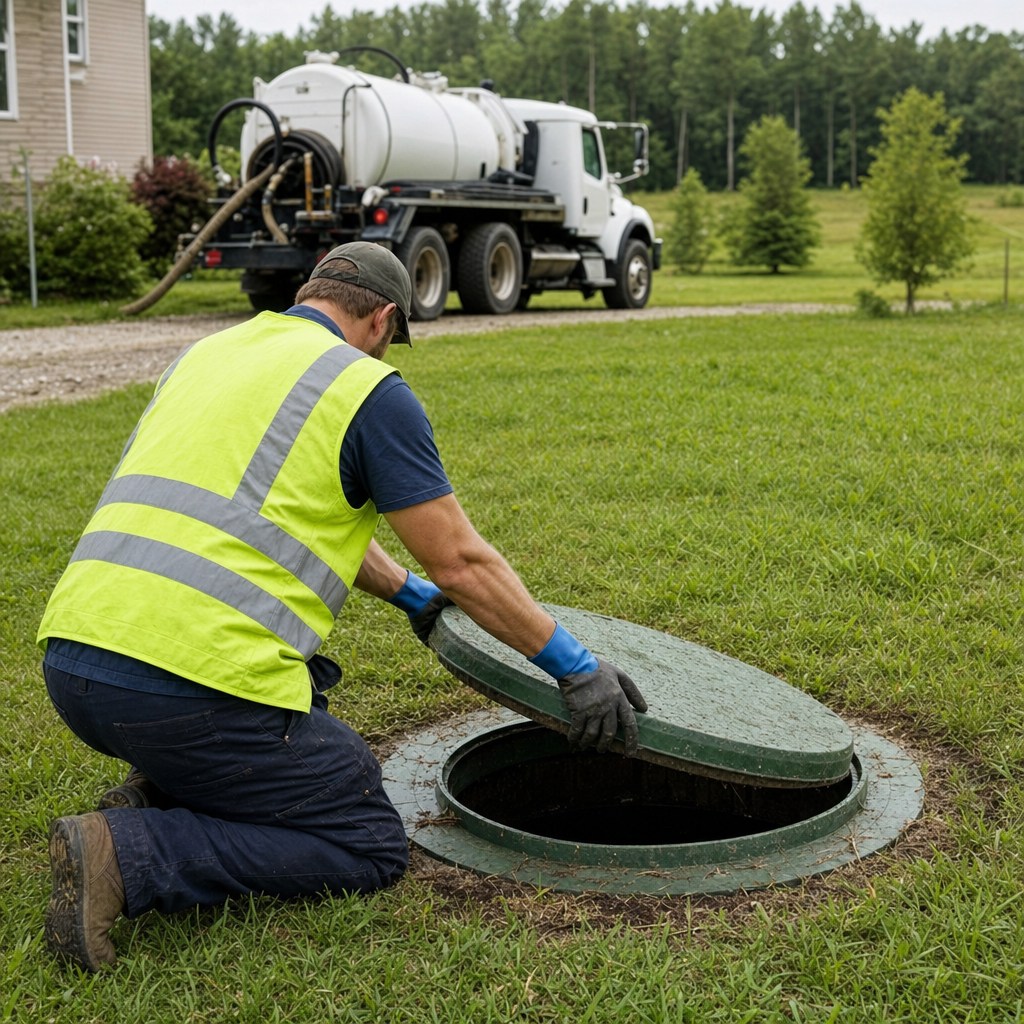 Septic technician kneeling on a Draper lawn, lifting the access lid on a residential septic tank