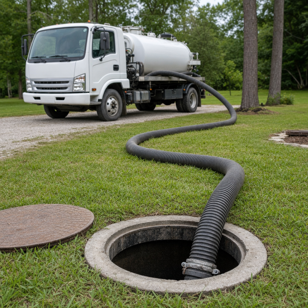 Thick ribbed suction hose lowered into a clean open septic tank port on a tidy Draper backyard lawn