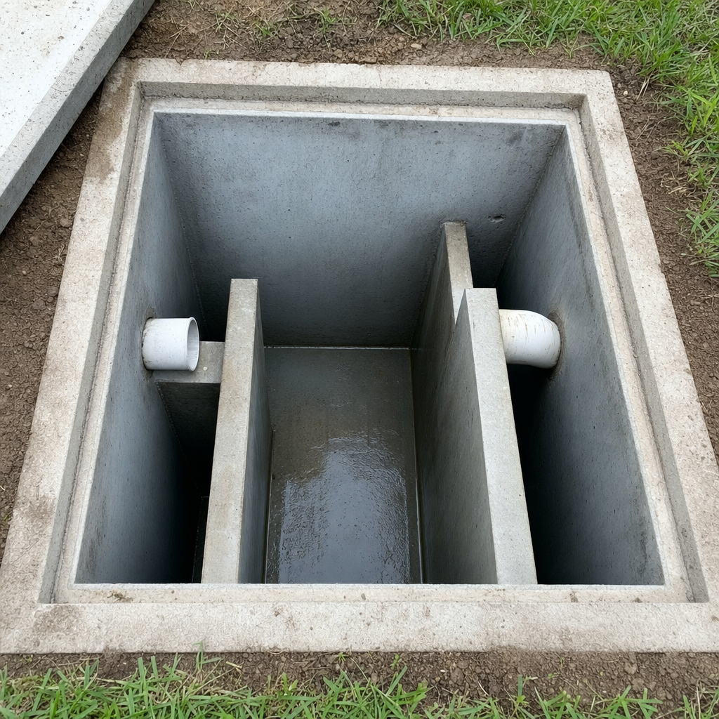 Inspection of the concrete baffles inside an open, emptied and freshly cleaned Draper septic tank