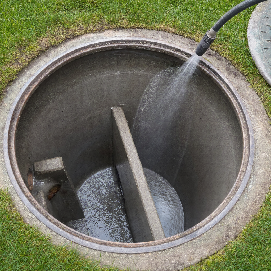 Interior concrete walls of an emptied Draper septic tank being rinsed clean with the truck's onboard water hose