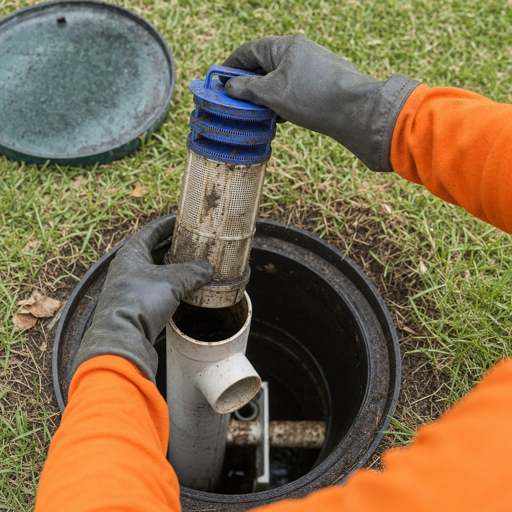 Septic technician's gloved hands lifting the effluent filter cartridge out of the outlet housing on a Draper septic tank