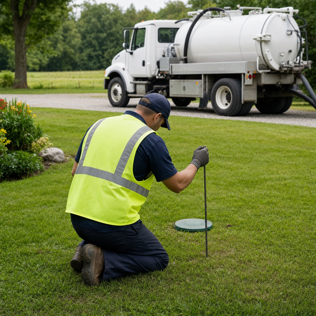 Septic technician kneeling on a Draper lawn, probing to locate and measure the depth of a buried septic tank lid before pumping