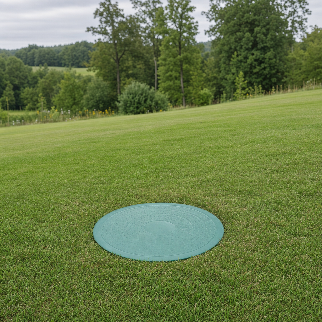 A newly installed septic riser bringing the tank lid up flush to grade in a Draper yard for easy future access