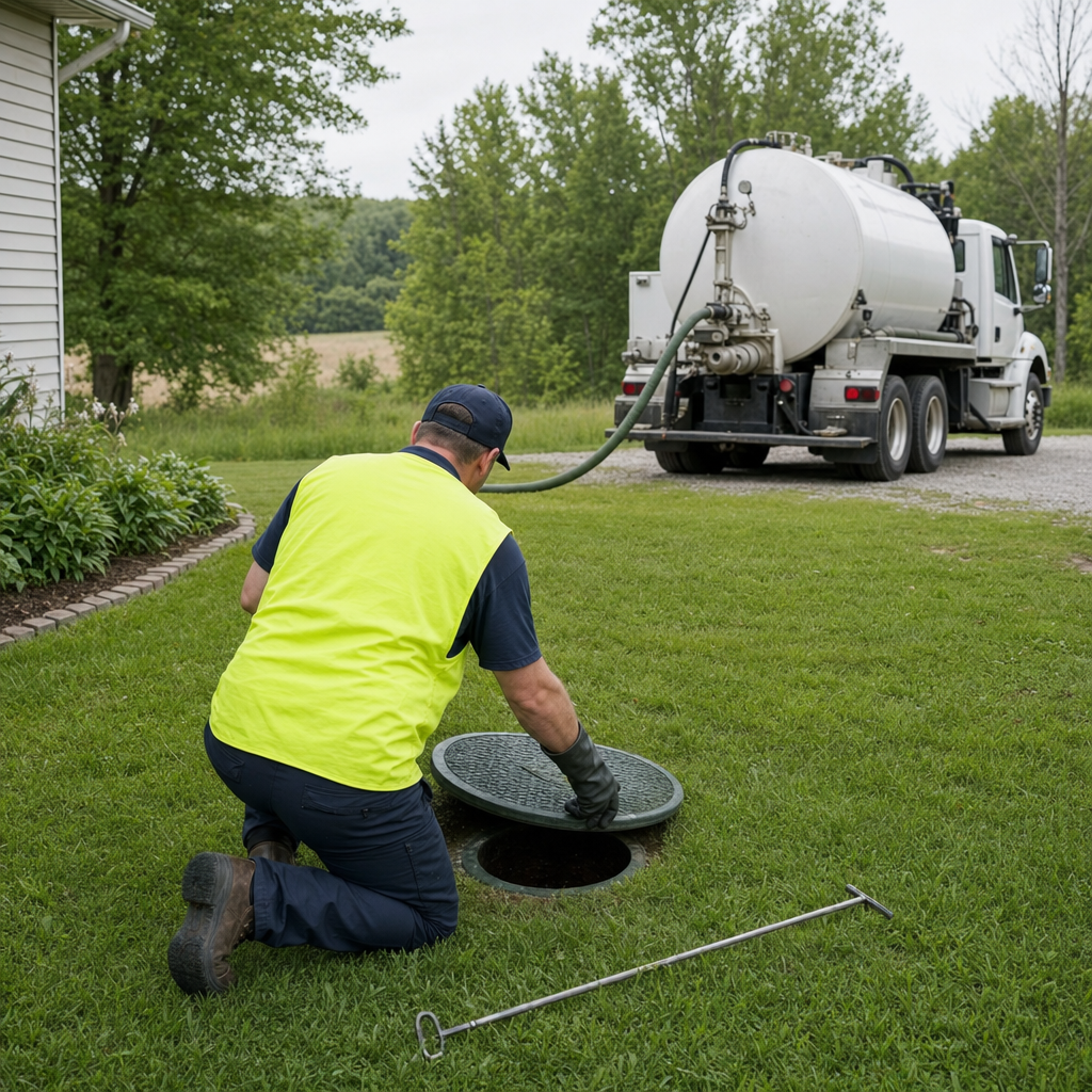 Septic technician kneeling on a Draper lawn, lifting the buried access lid on a residential septic tank