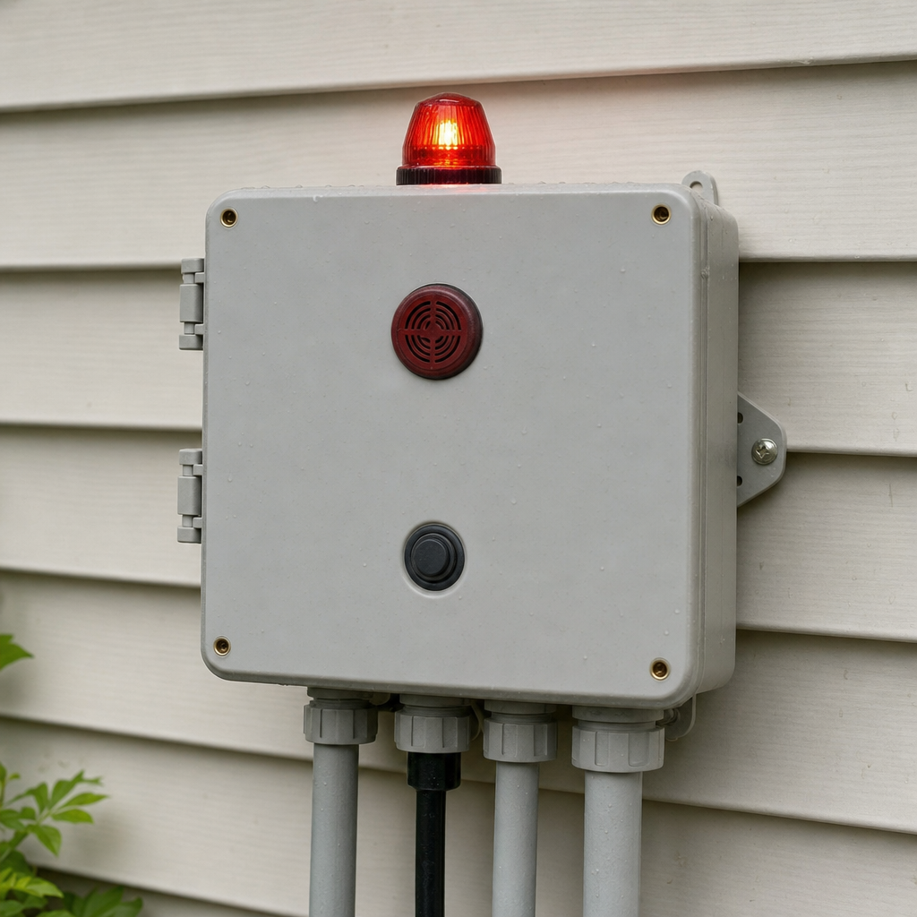 An aerobic septic system control panel mounted outside a Draper home with its red high-water alarm light lit