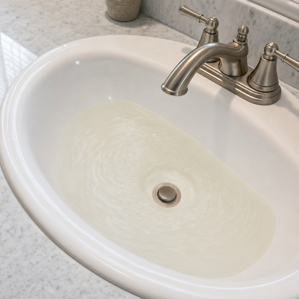A bathroom sink draining slowly with water pooled in the basin, an early warning sign that a Draper septic tank is full